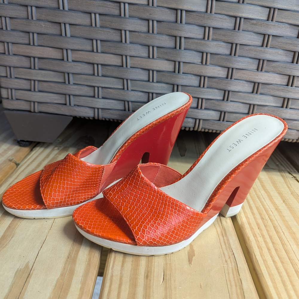 Nine West Orange Heeled Mules with Snake Print